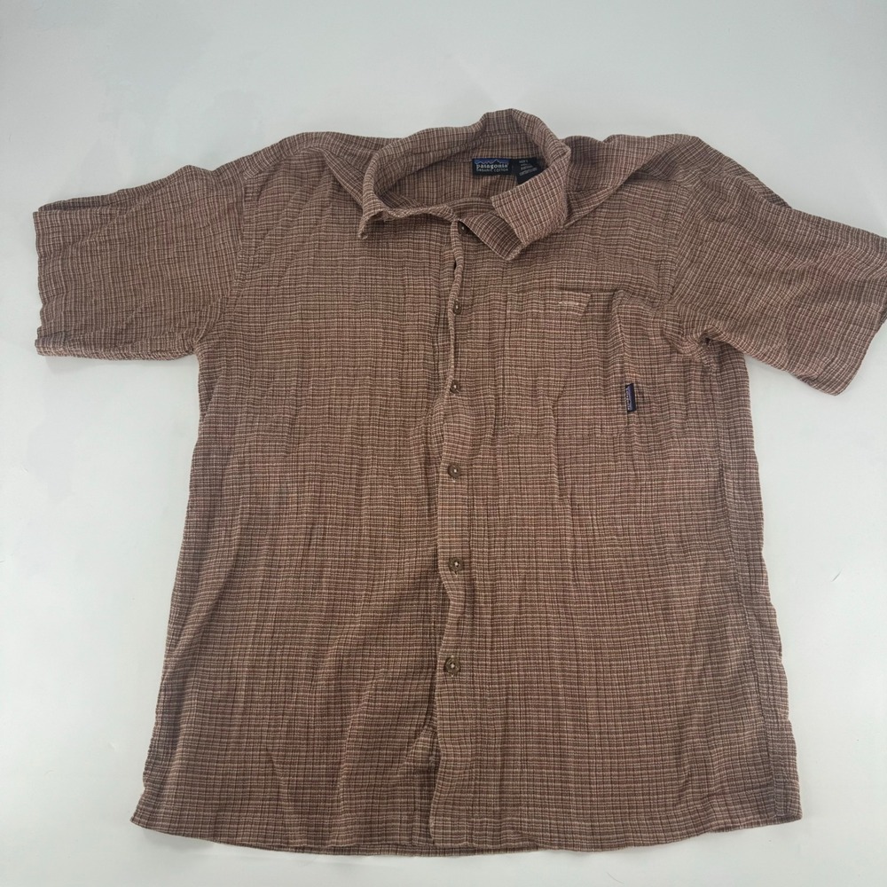 Patagonia Mens Organic Cotton Short Sleeve Button Down Shirt Brown Plaid Medium